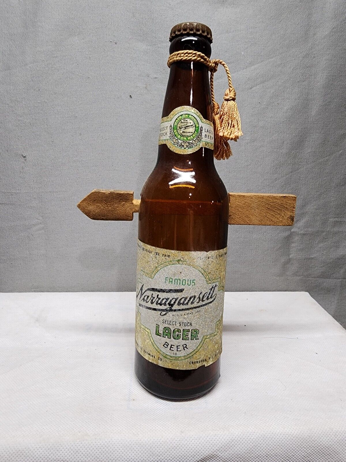 Vintage Rare Narragansett Select Stock Lager Beer Bottle With Wooden Arrow Sign