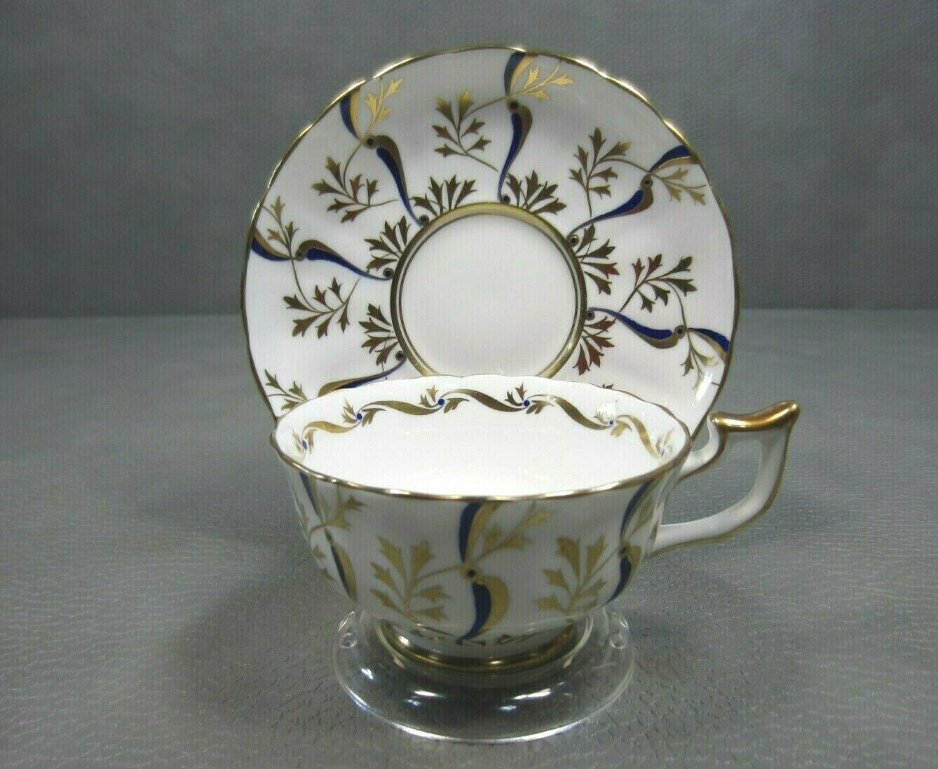 Royal Chelsea English Bone China Teacup and Saucer 189A Gold Leaves with Blue 