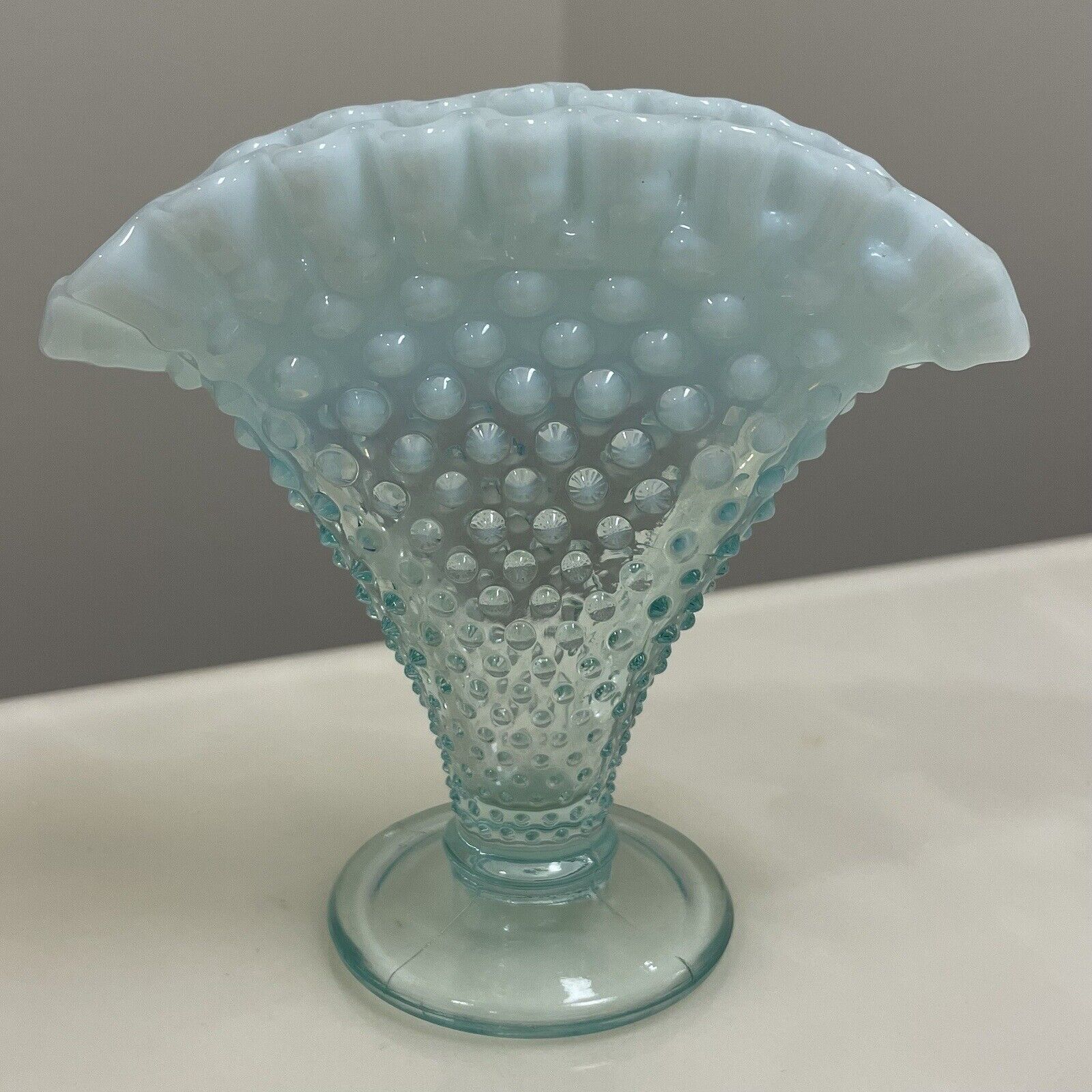 Vintage Fenton Art Glass Light Blue Opalescent Hobnail Fan Vase Ruffled 