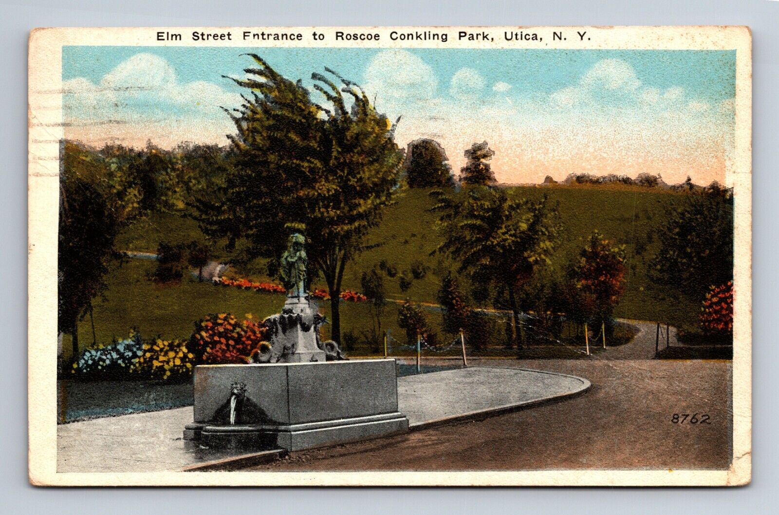 Elm Street Entrance to Roscoe Conkling Park Utica New York Postcard c1923