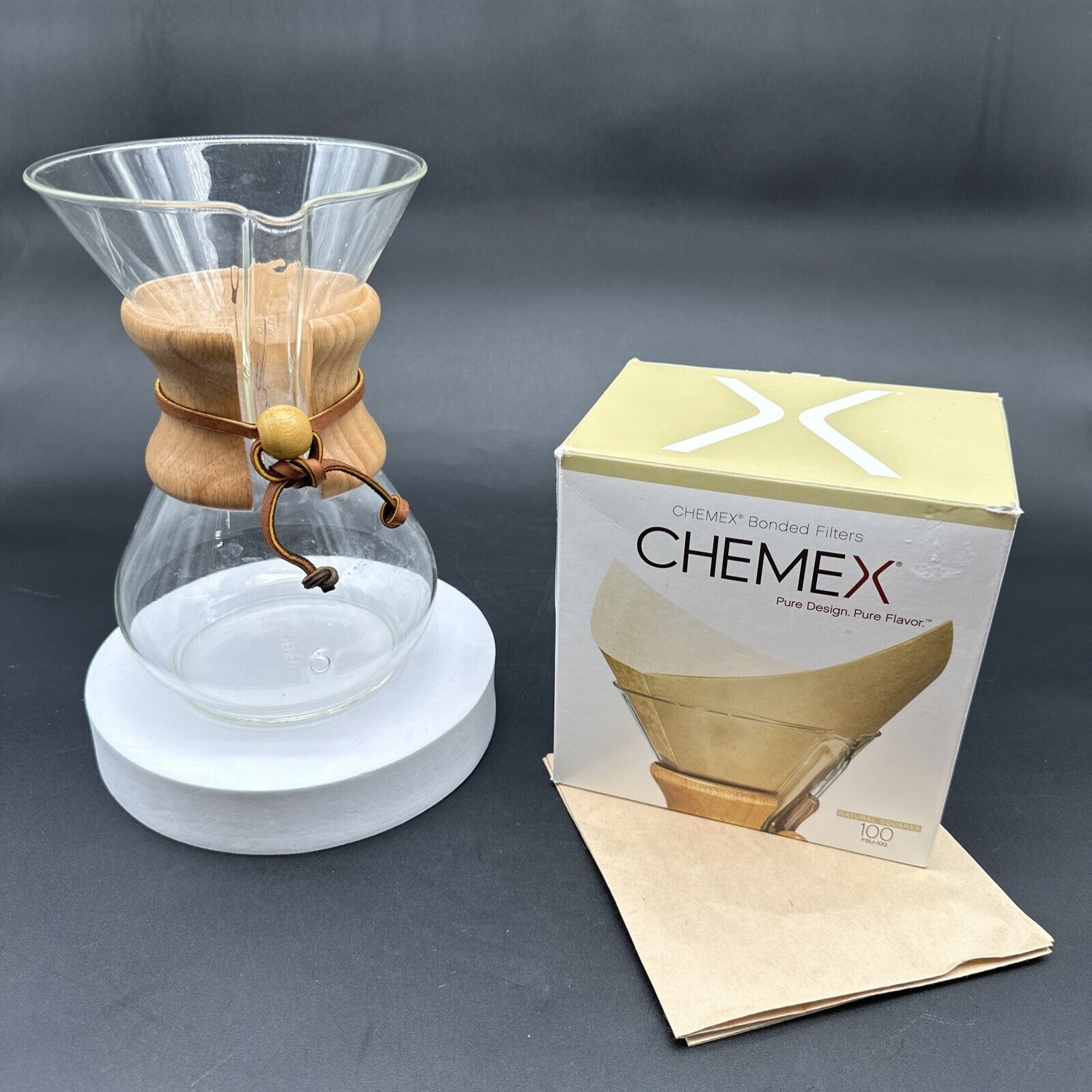 Vtg CHEMEX Pour Over Coffee Maker Pyrex Glass Green Stamp 8- Cup Wood Collar