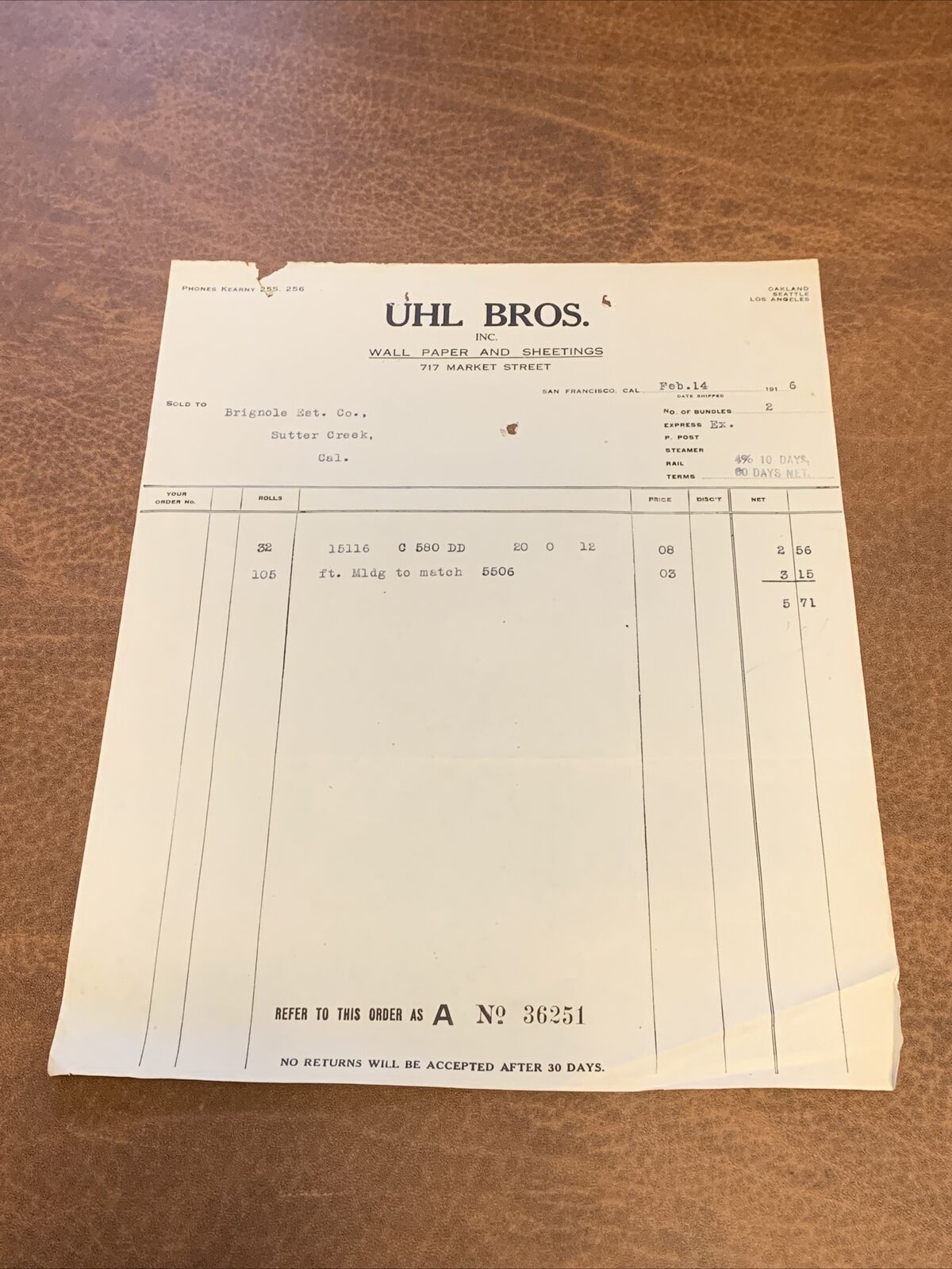 Rare - Uhl Bros. 1916 Invoice Receipt San Francisco California 
