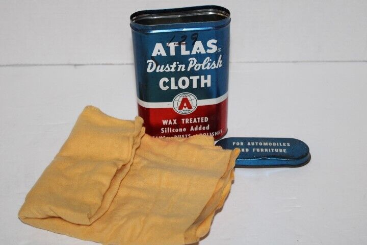Vintage ATLAS DUST \'N POLISH Cloth Can TIN Original Cloth Inside
