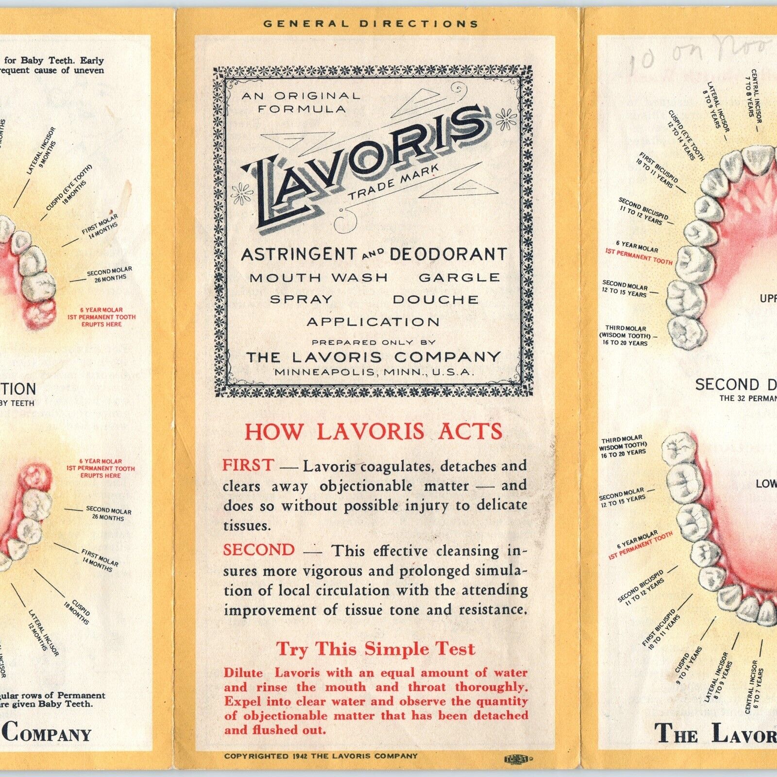 1942 Lavoris Mouthwash Directions Pamphlet Dentistry Oral Hygiene 2D