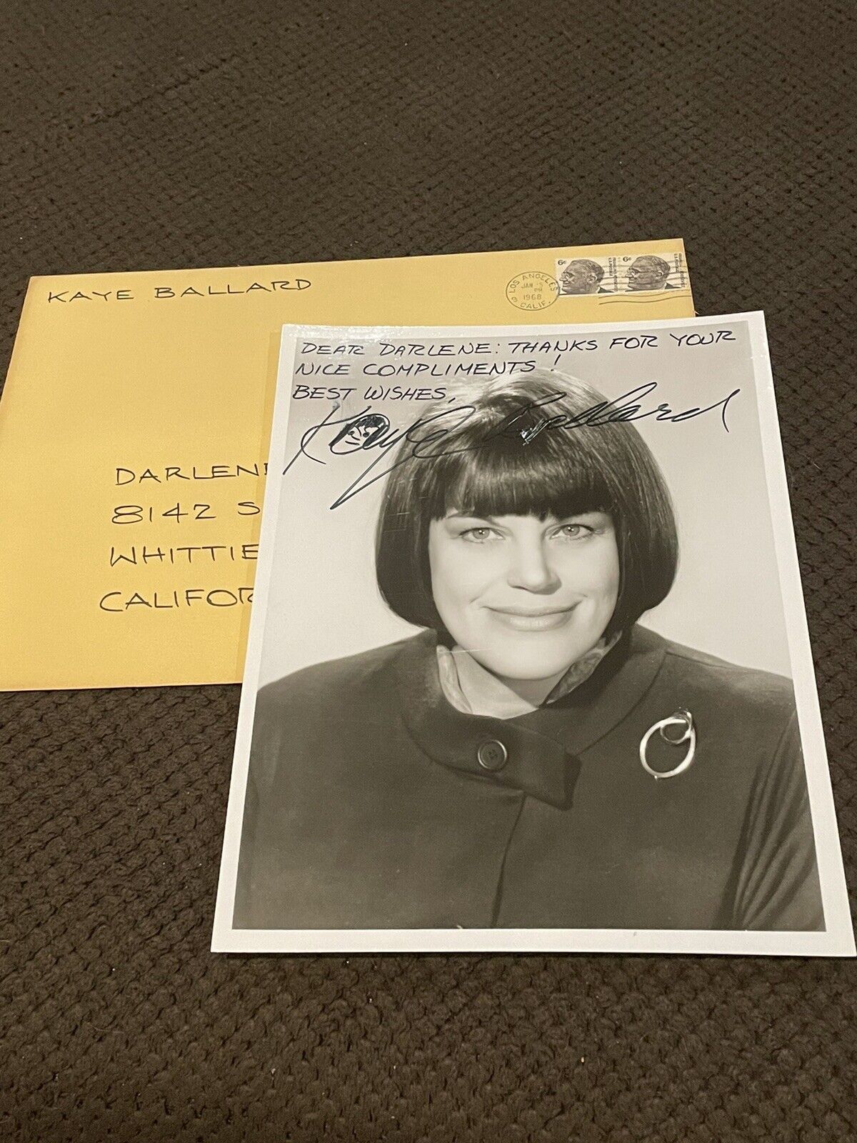 VTG Kaye Ballard Autographed Photograph & Envelope Comedian Performer Actress