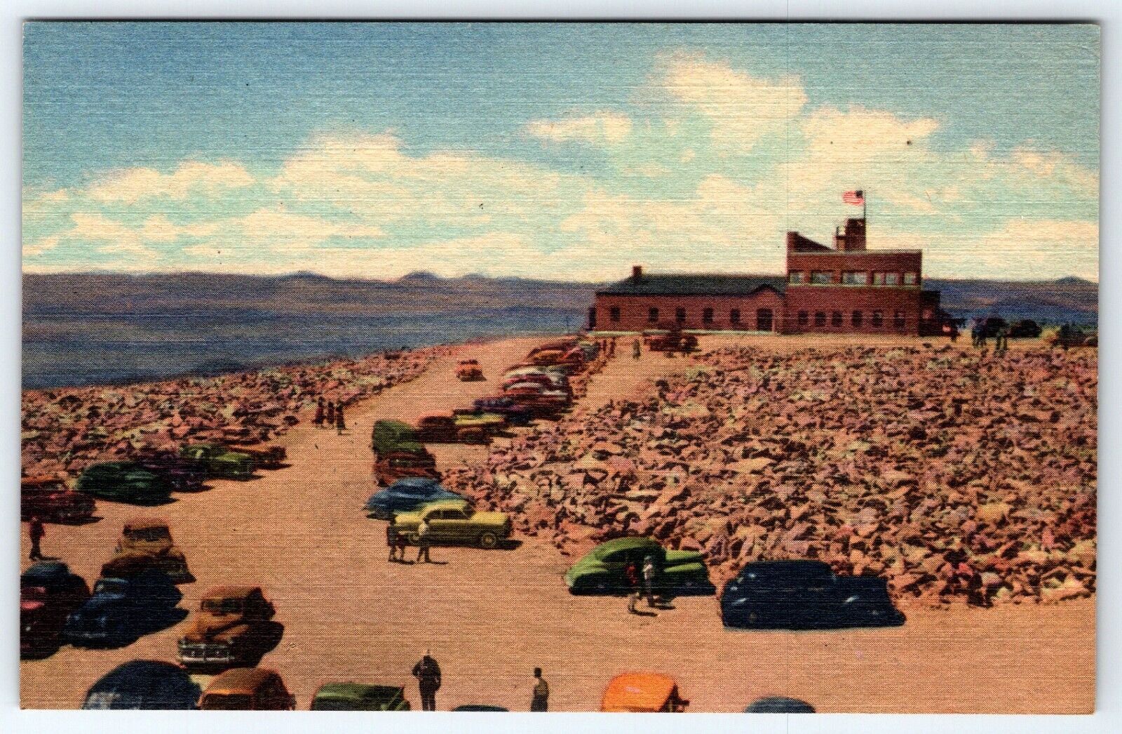 Panorama On Summit of Pikes Peak Early Classic Cars Colorado Linen Postcard 