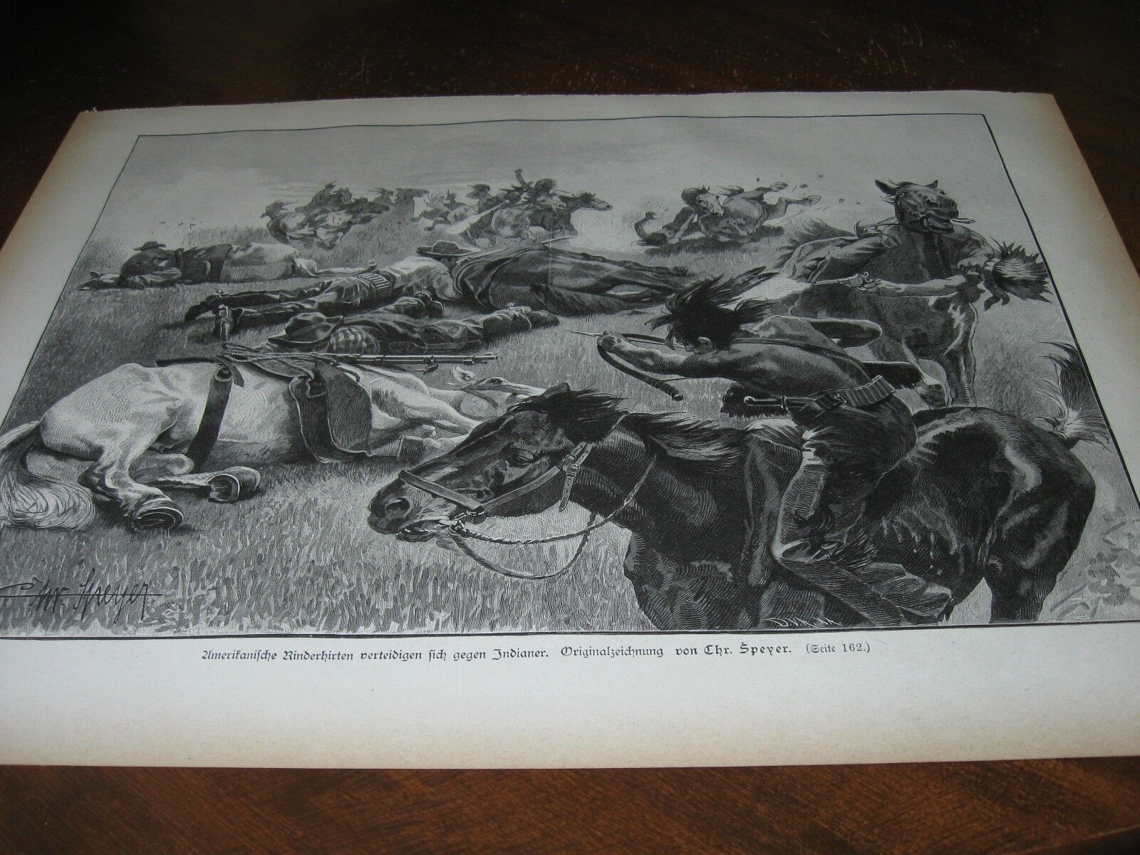 1893 Art Print ENGRAVING - COWBOYS Fight INDIAN ATTACK Native American WESTERN