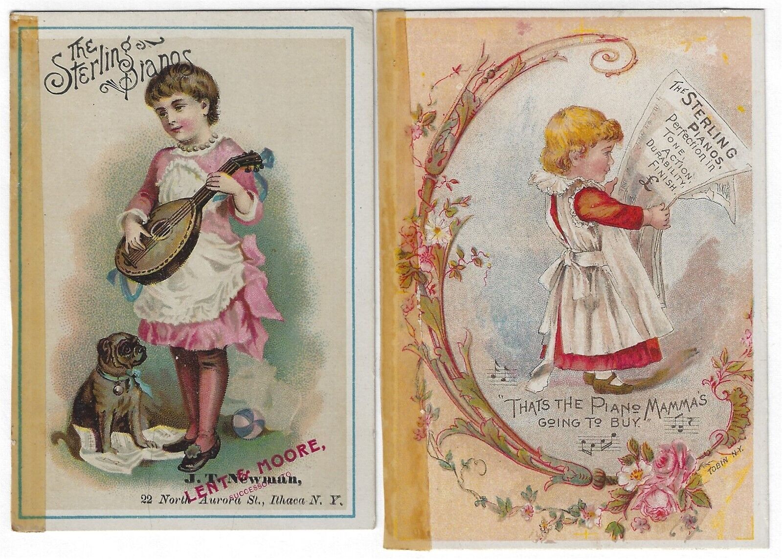 Sterling Piano Lent & Moore JT Newman Ithaca NY 2 Antique Victorian Trade Card