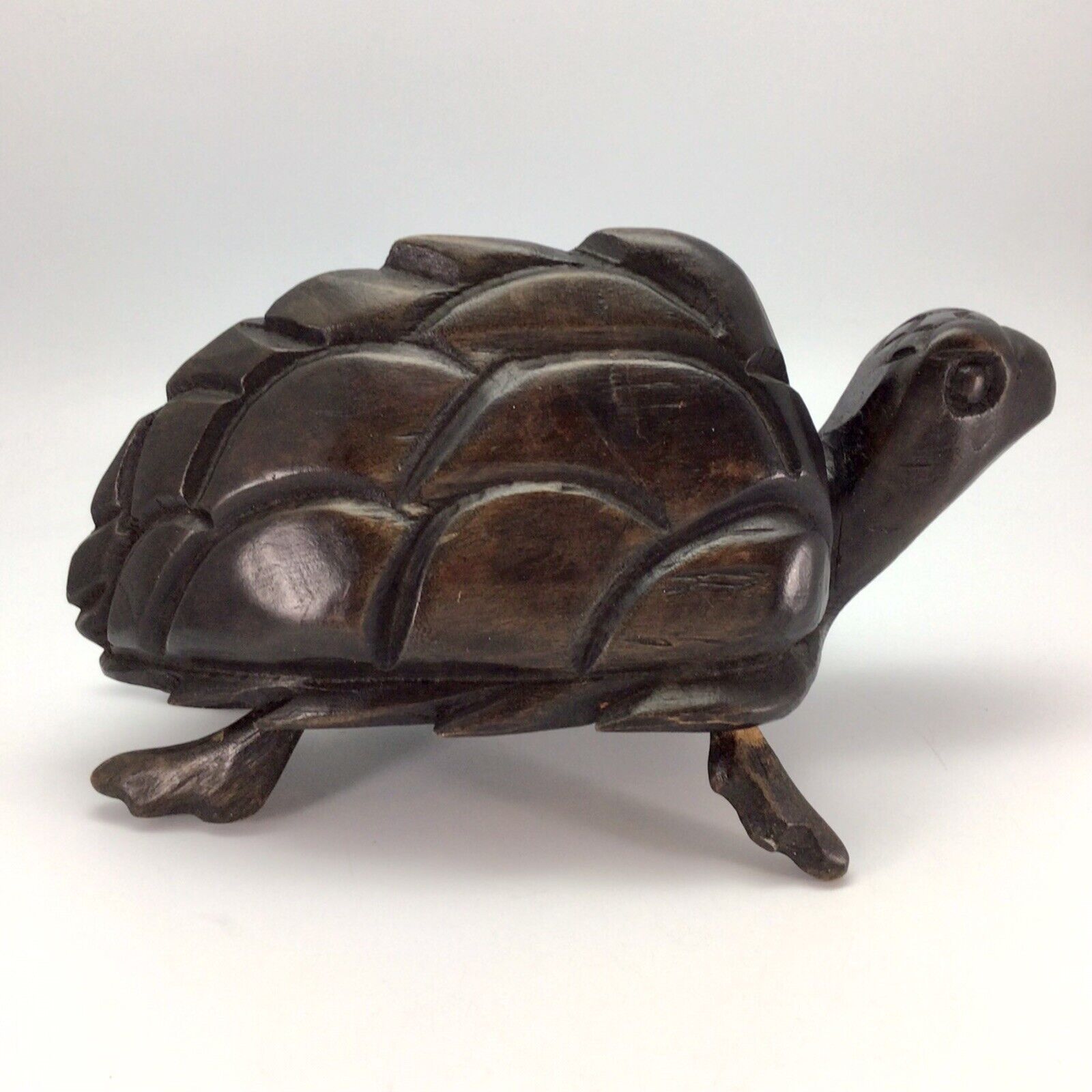 Hand Carved Solid Wood Turtle Figurine 11.5” Large Dark Brown