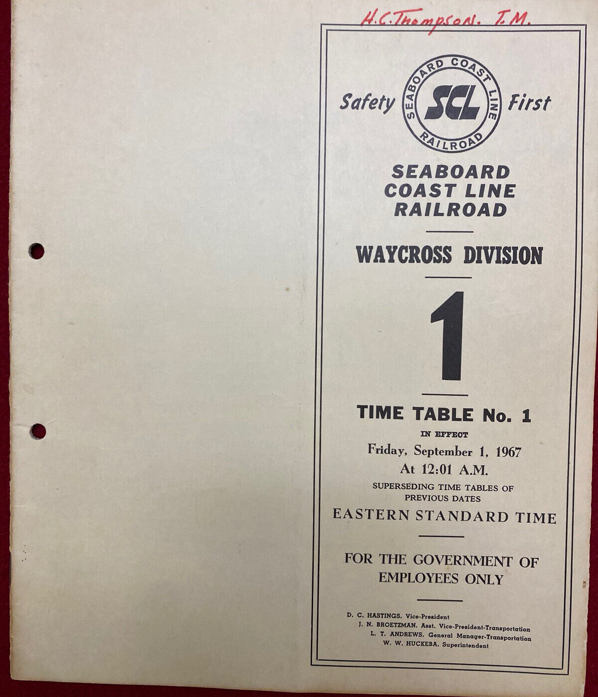 Vintage Seaboard Coast Line RR Employee Time Table