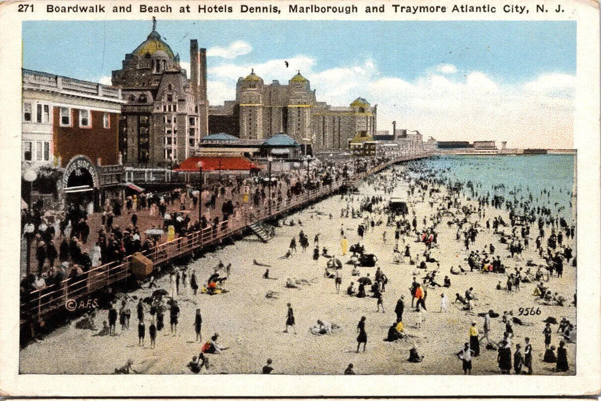 Postcard NJ Boardwalk And Beach At Hotel Dennis Atlantic City New Jersey UNP
