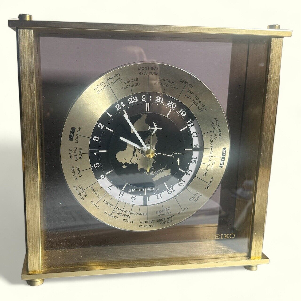 SEIKO World Clock Satin Brass Finish QZ885A w/ Flying Airplane Seconds Hand