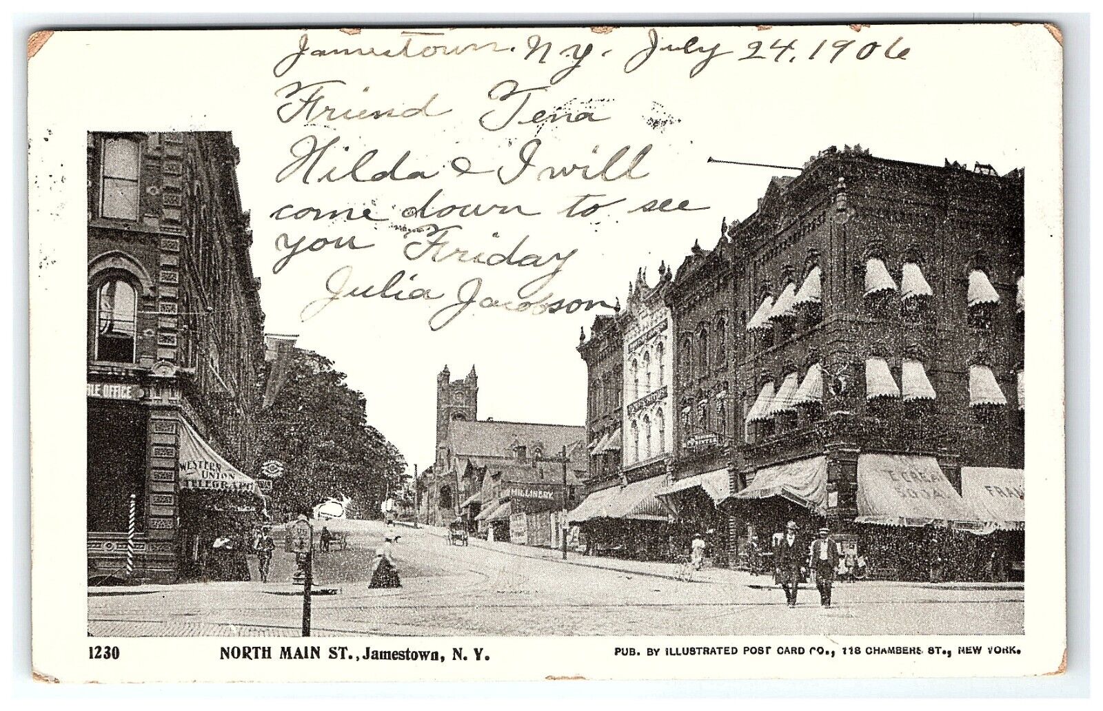 1906 Postcard North Main St Jamestown New York Ny Western Union Storefronts