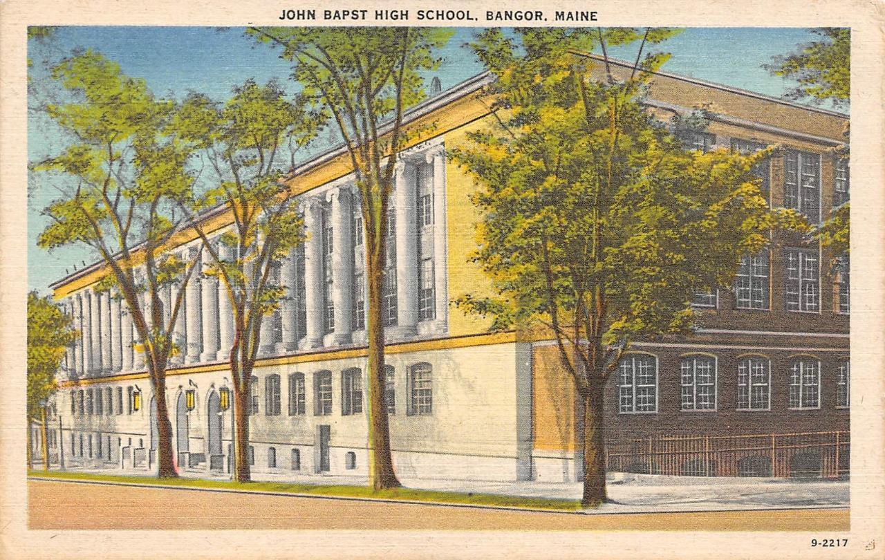 BANGOR, ME Maine    JOHN BAPST HIGH SCHOOL     c1940\'s Linen Postcard