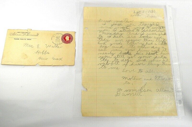 1930 Personal Handwritten Letter With Envelope  Waller Texas to Hobbs New Mexico
