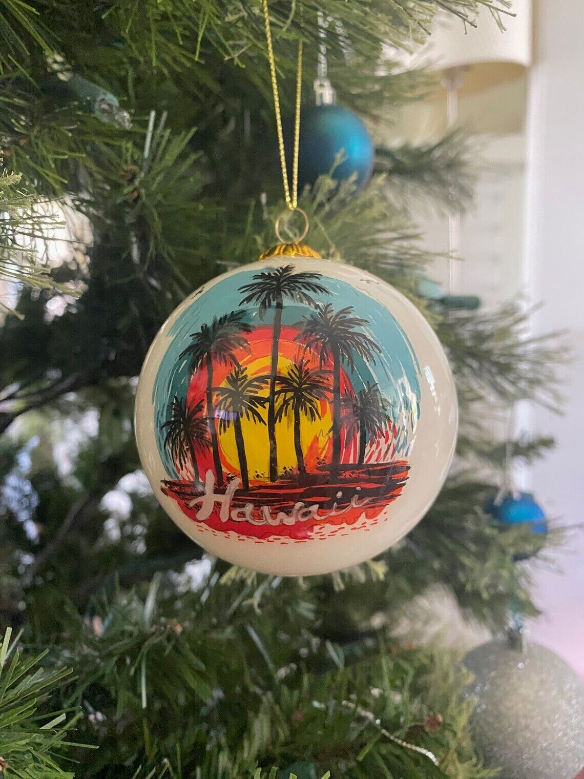 Hawaiian Hand Painted Hawaii Rainbow Palm Trees Sunset Glass Christmas Ornament