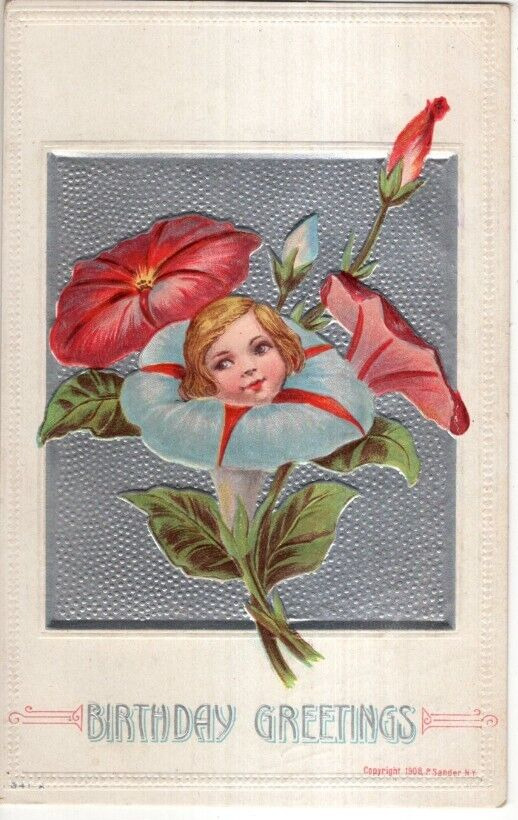 ANTIQUE EMBOSSED BIRTHDAY Postcard        MORNING GLORY FLOWER FACE