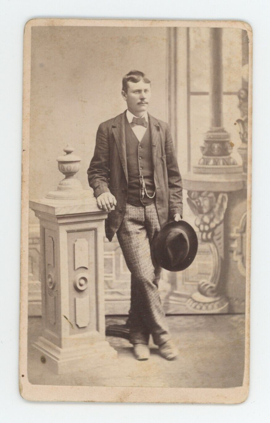 Antique CDV c1870s Handsome Dashing Man Mustache Holding Stylish Hat Jackson, OH