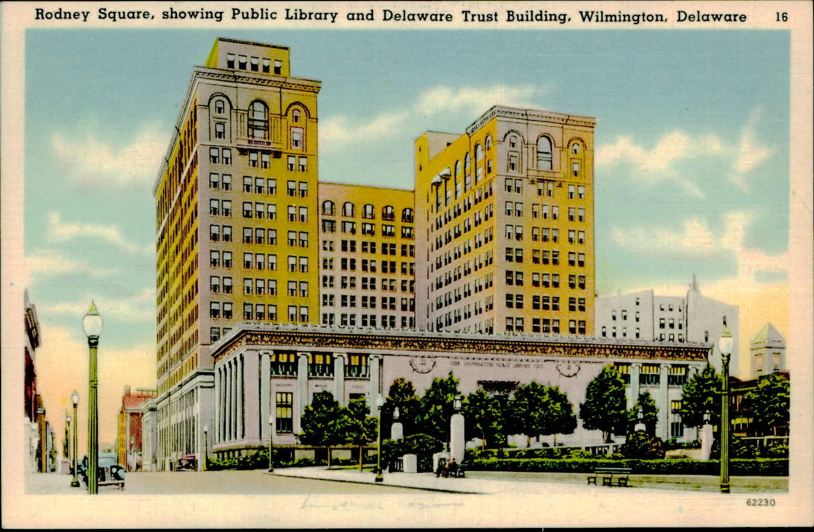 Postcard: Rodney Square, showing Public Library and Delaware Trust Bui
