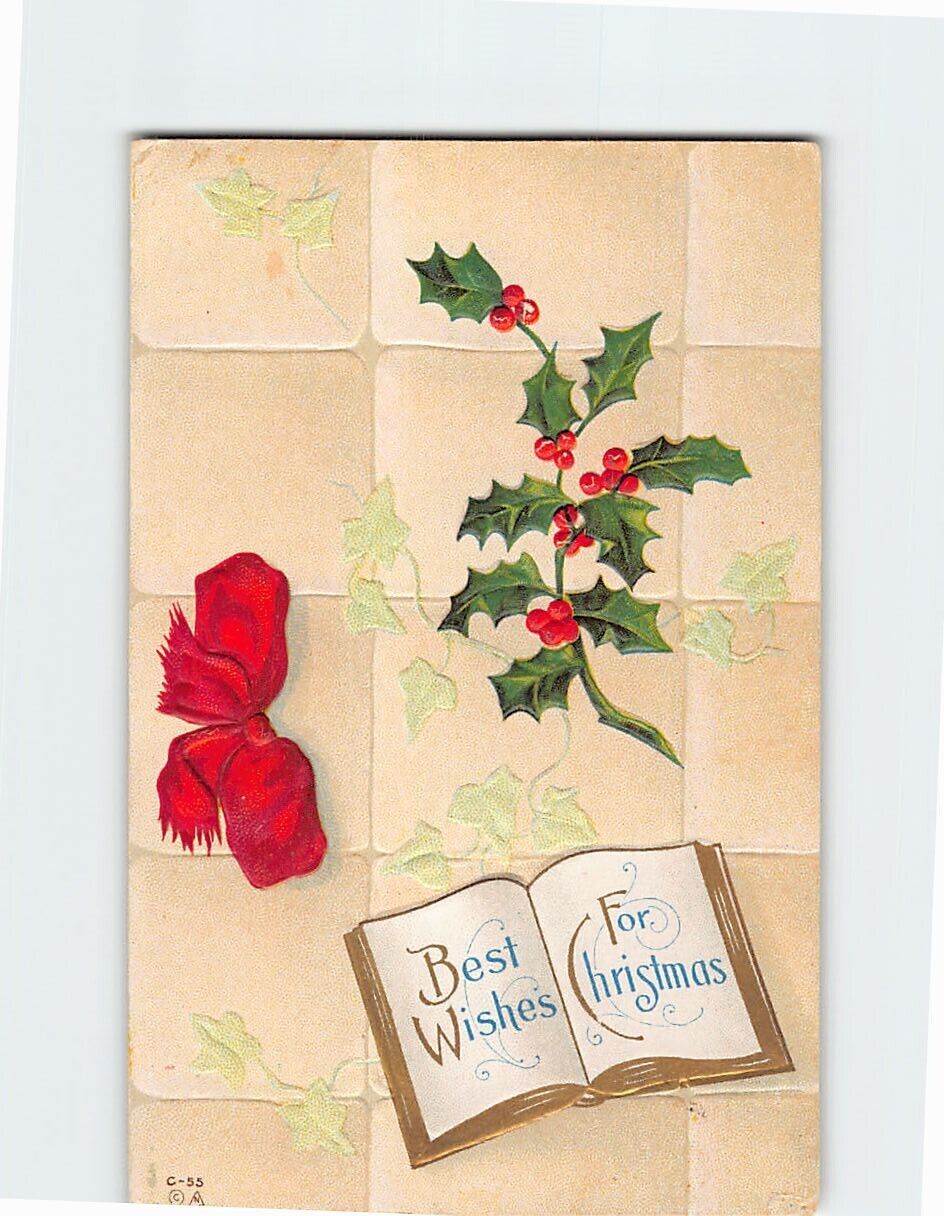 Postcard Embossed Holiday and Book Print Greeting Card Best Wishes for Christmas