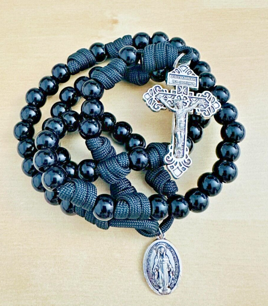 Handmade Paracord Rosary, Heavy Duty Rosary Necklace, Black Catholic Rosary