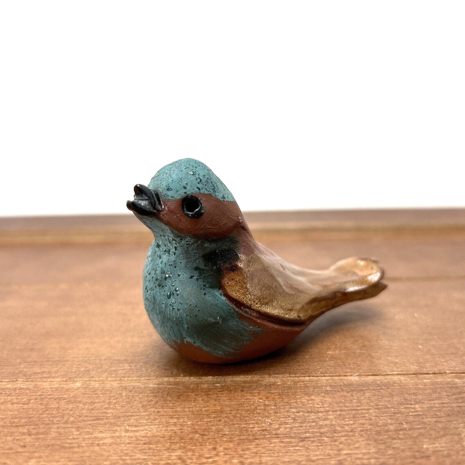 Vintage Pottery Handmade Small Green Brown Bird Ceramic Figurine Decor