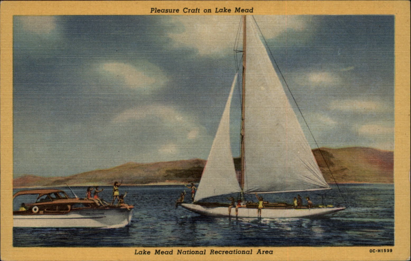 Pleasure craft Lake Mead Nevada ~ sailboat cabin cruiser ~ 1940s linen postcard