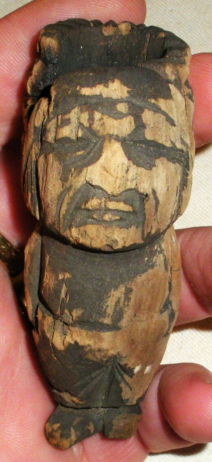 ANTIQUE 1800S -EARLY 1900S PRIMITIVE CARVED WOOD INDIAN CHIEF PIPE FRAGMENT tuvi