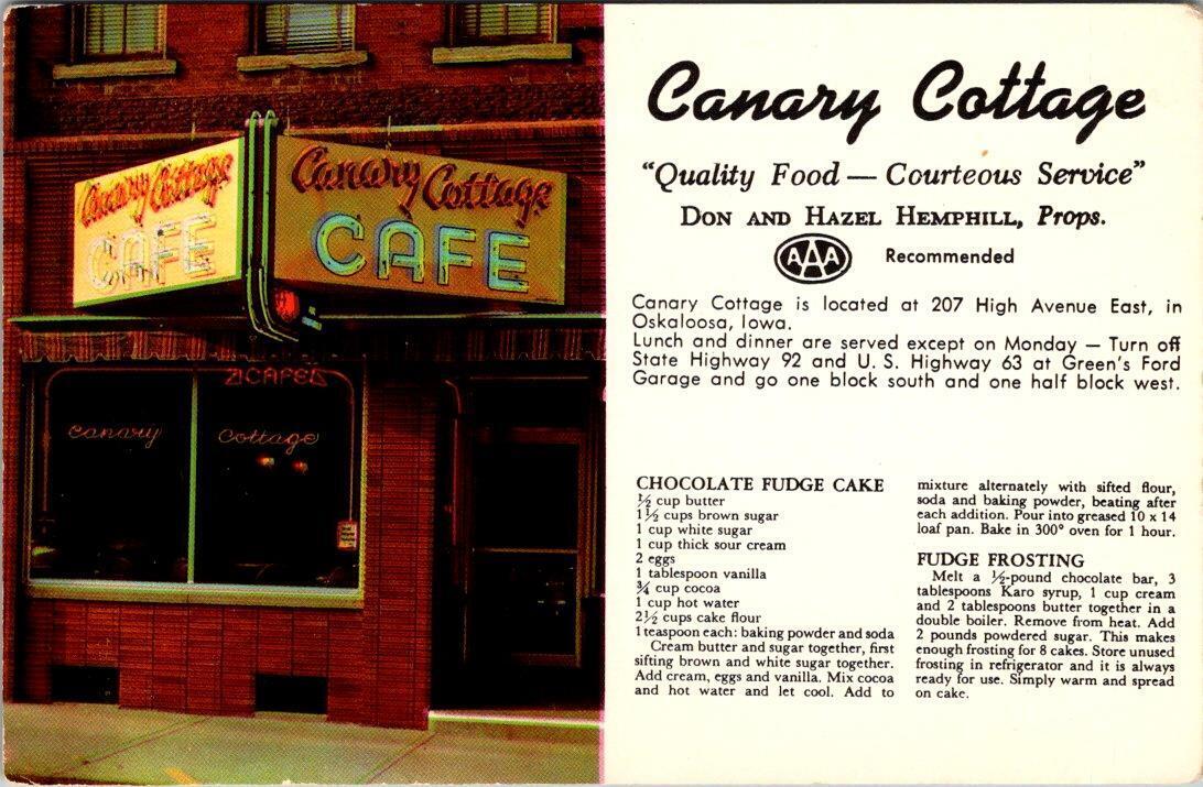 Oskaloosa, IA Iowa CANARY COTTAGE CAFE~Hazel Hemphill  ROADSIDE Recipe Postcard