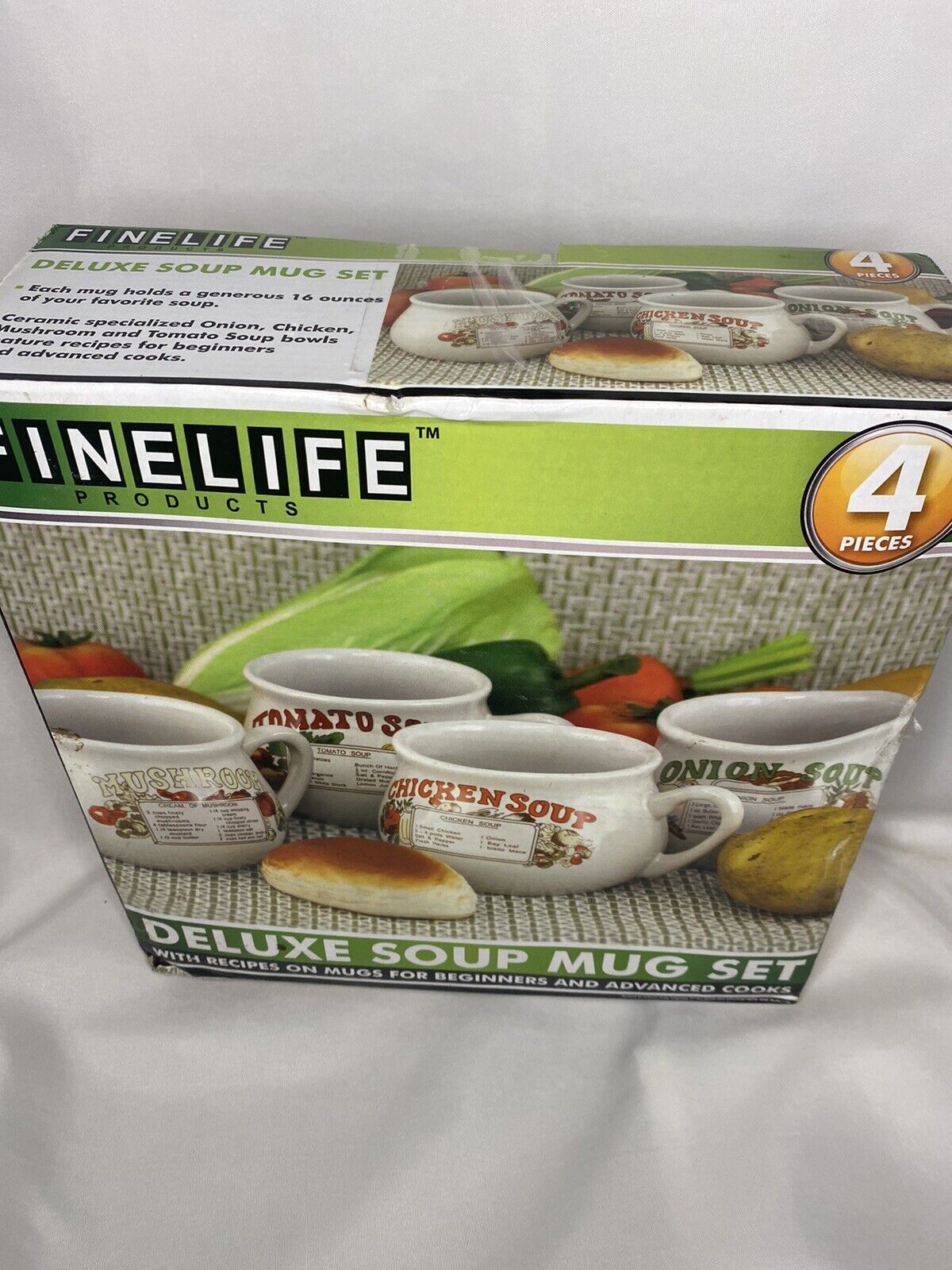 Deluxe Soup-16 oz-Recipe Mugs-Set of 4-FineLife-Mushroom, Tomato, Chicken, Onion