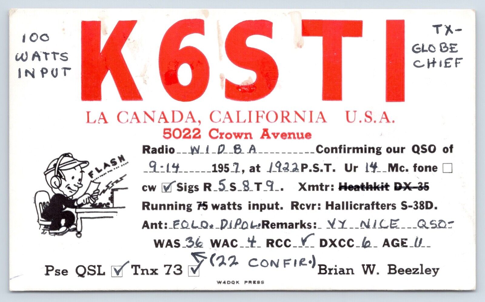 QSL CB Ham Radio Card K6STI La Canada California Vtg LA County CA 1957 Card