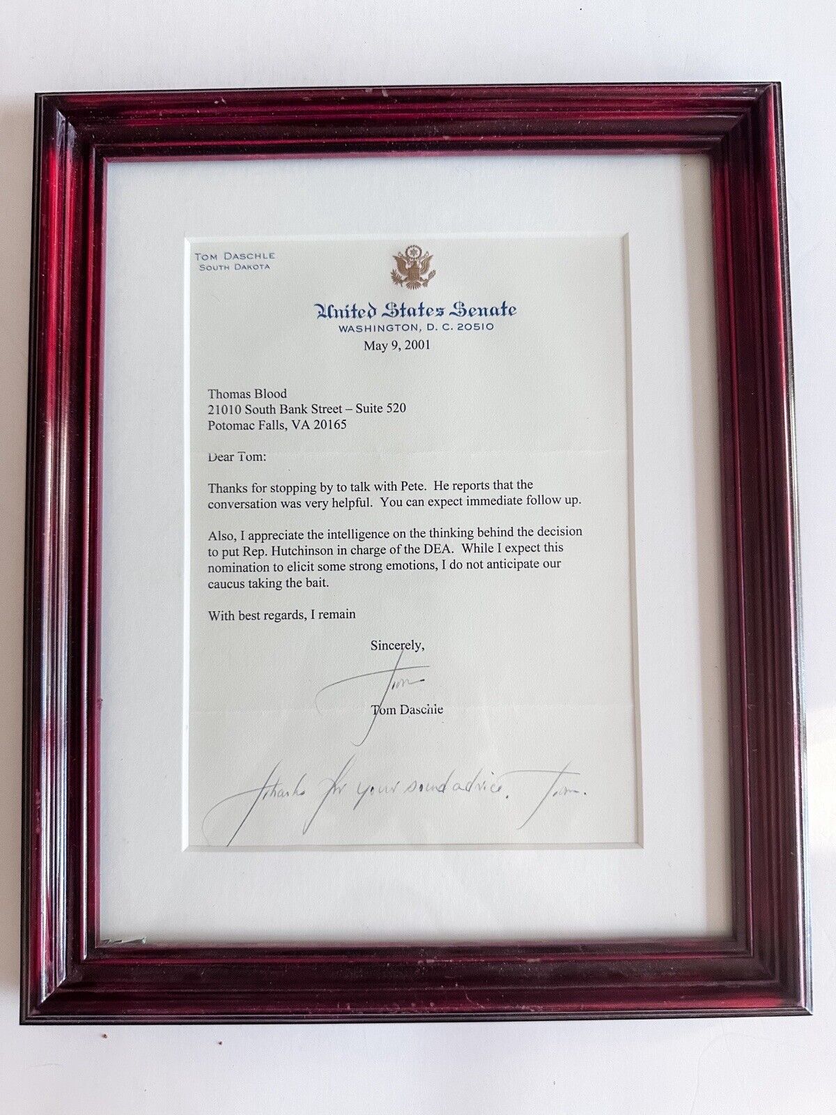 Tom Daschle US Senate Letter Framed May 2001 Signed