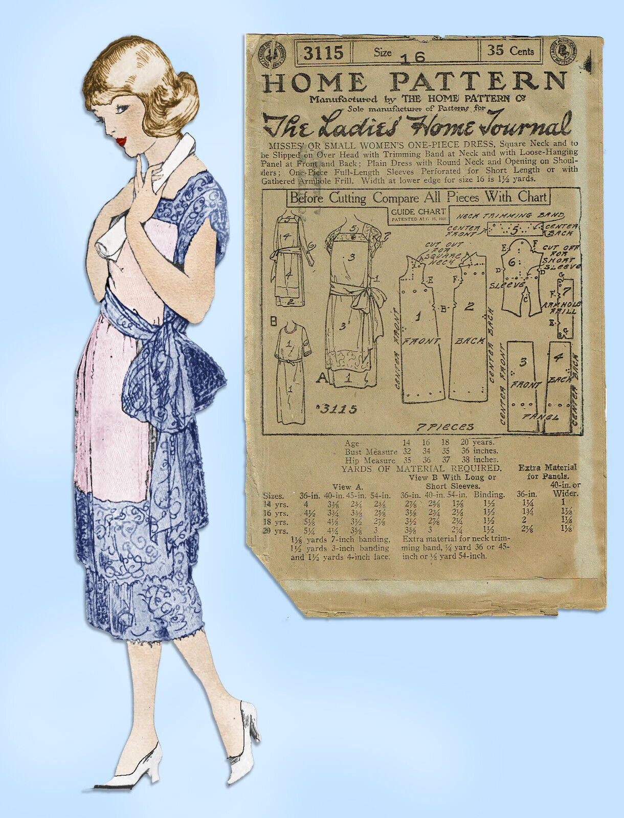 Ladies Home Journal 3115: 1920s Uncut Misses Evening Dress Sz 34B Sewing Pattern