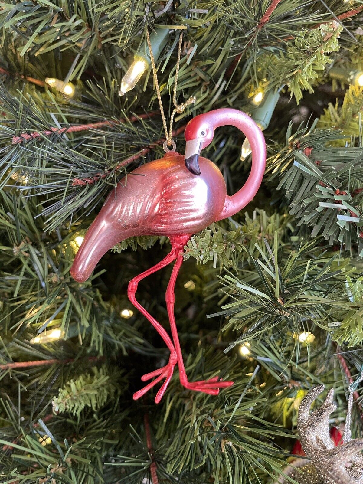 Set of 5 Pink Flamingo Christmas 5” Ornament Blown Glass Glittery Tropical Decor