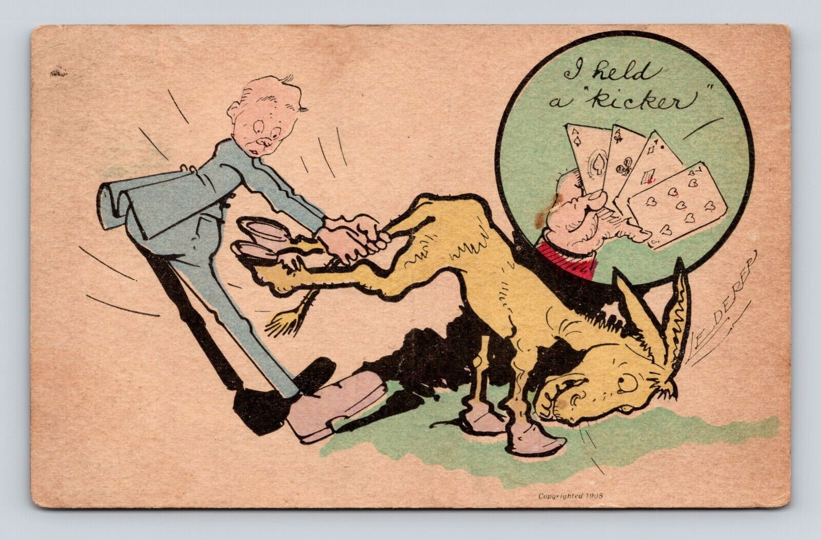Antique Postcard Man Mule Donkey Kick Kicker Poker Postcard Artist Lederer 1907