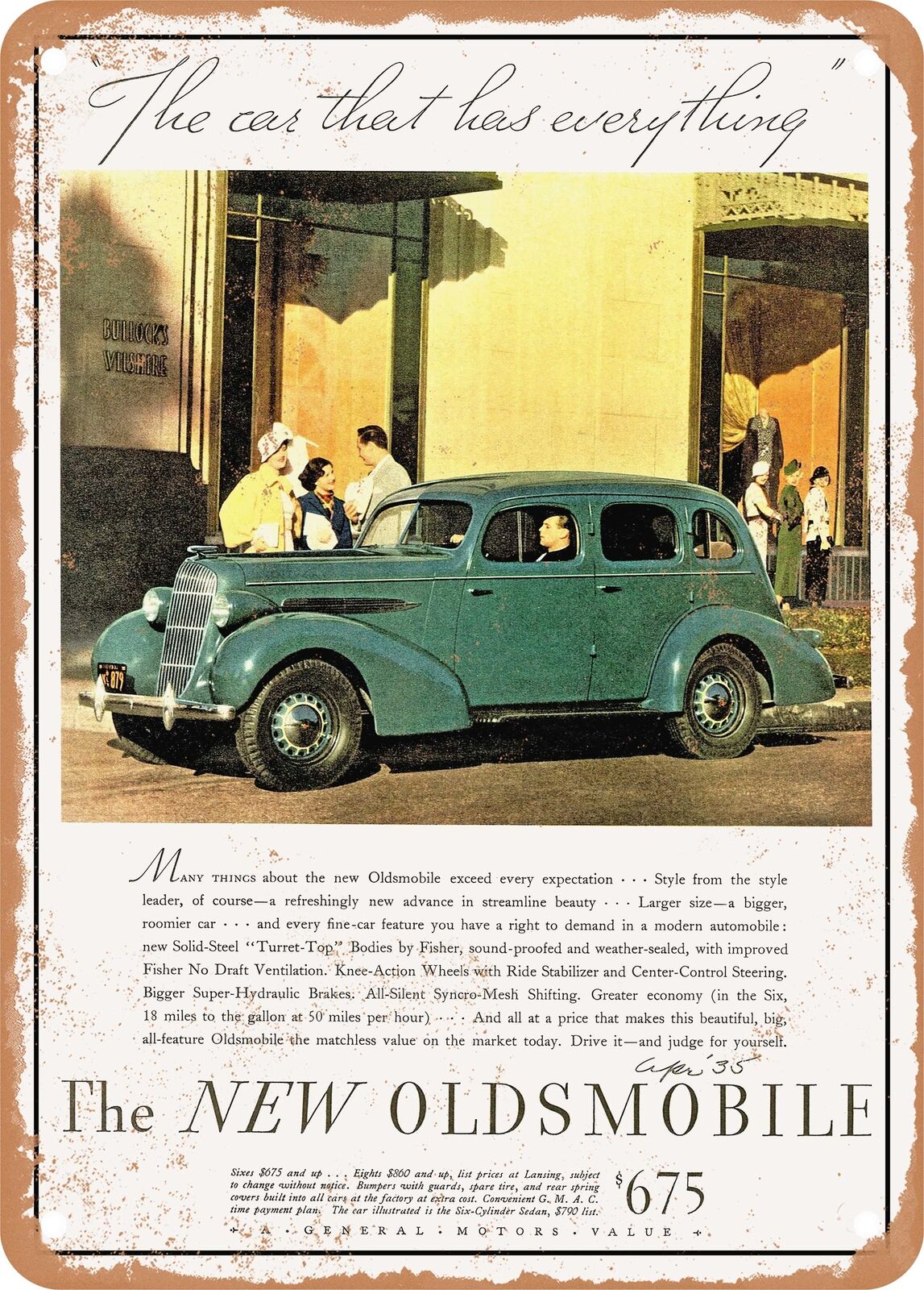 METAL SIGN - 1935 Oldsmobile Six 4 Door Sedan the Car That Has Everything