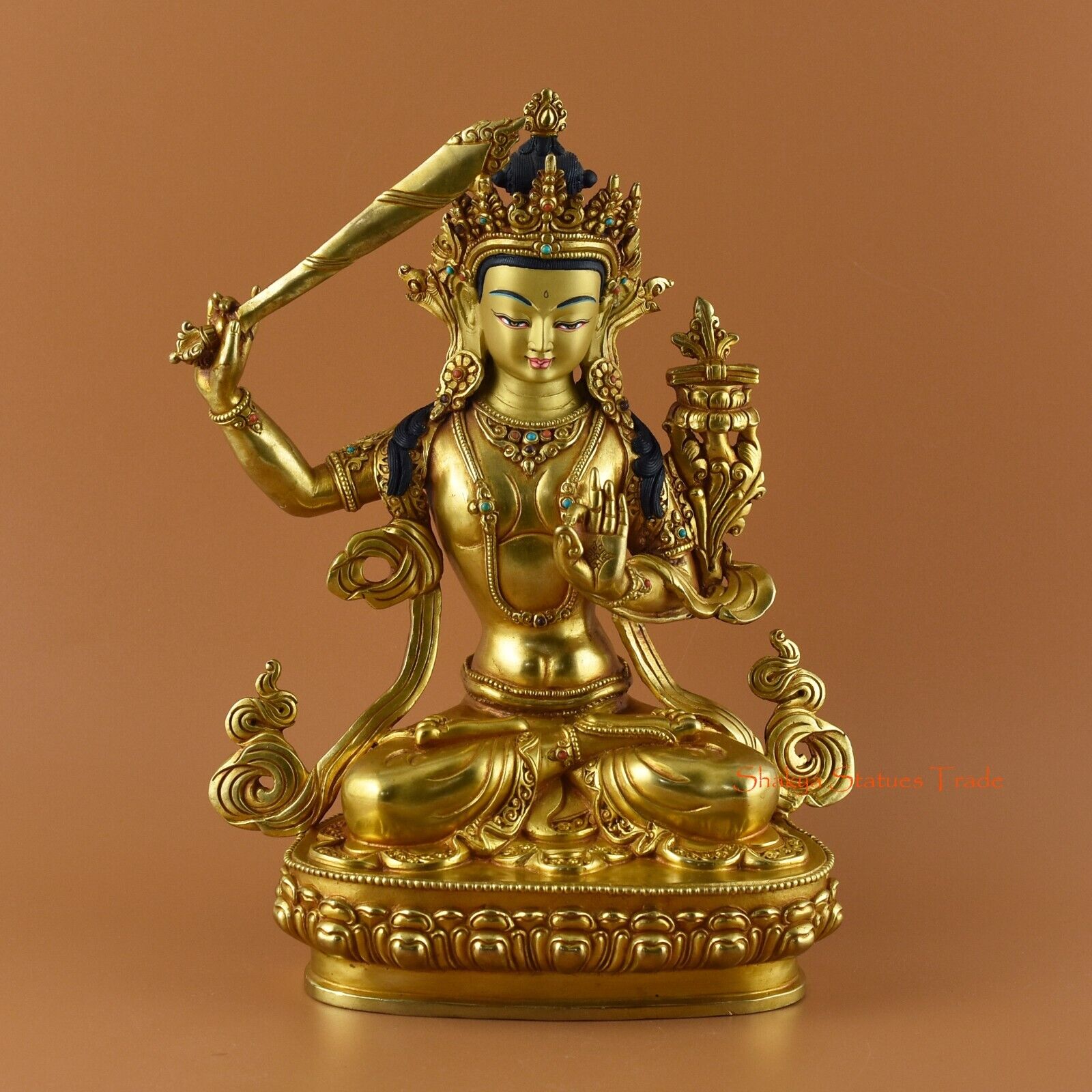 Gold Gilded Hand Carved Face Painted Manjushri Jambiyang Statue from Patan Nepal