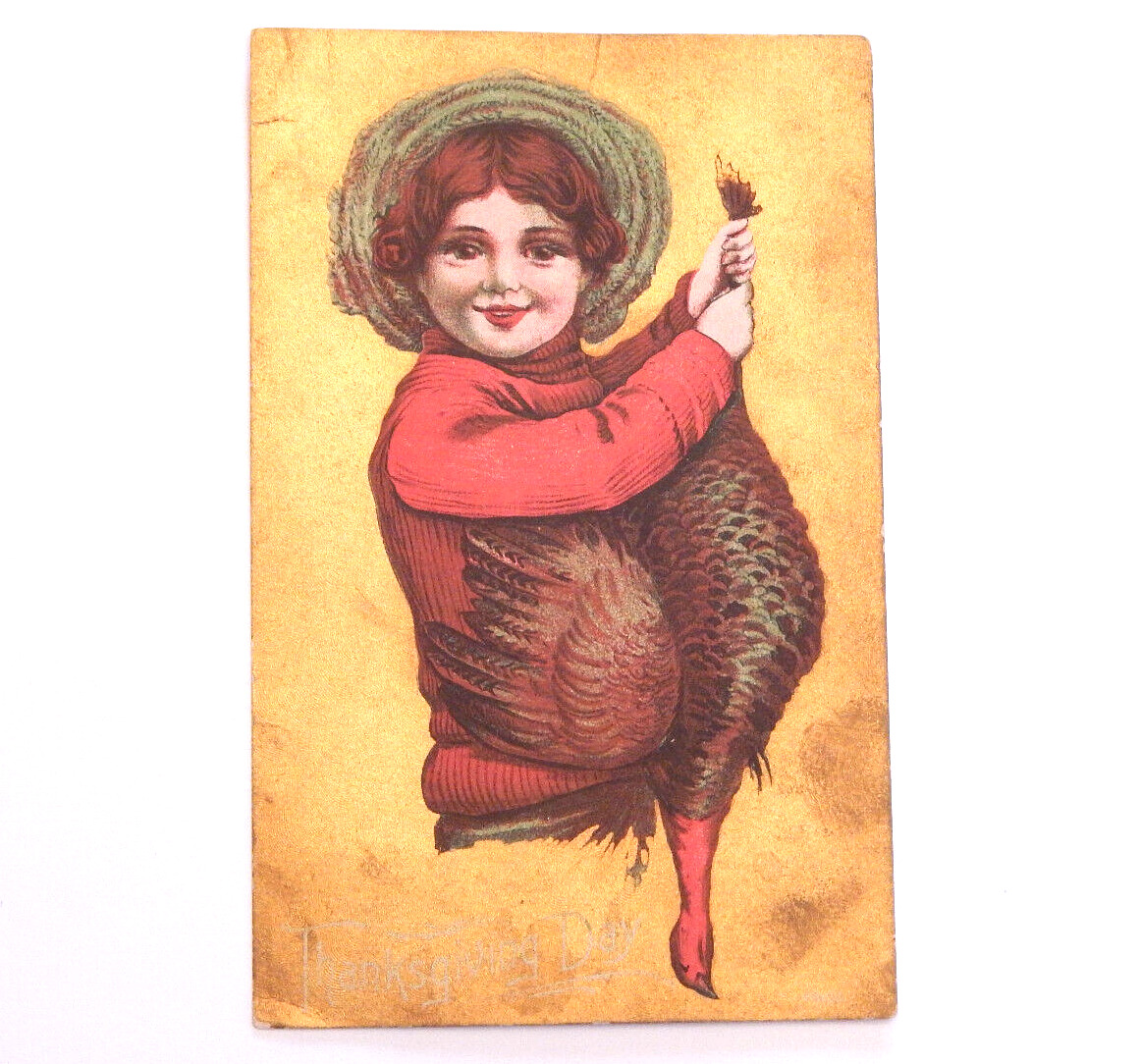 Hand Painted Thanksgiving Day 1909 Vinntage Postcard Girl with Goose