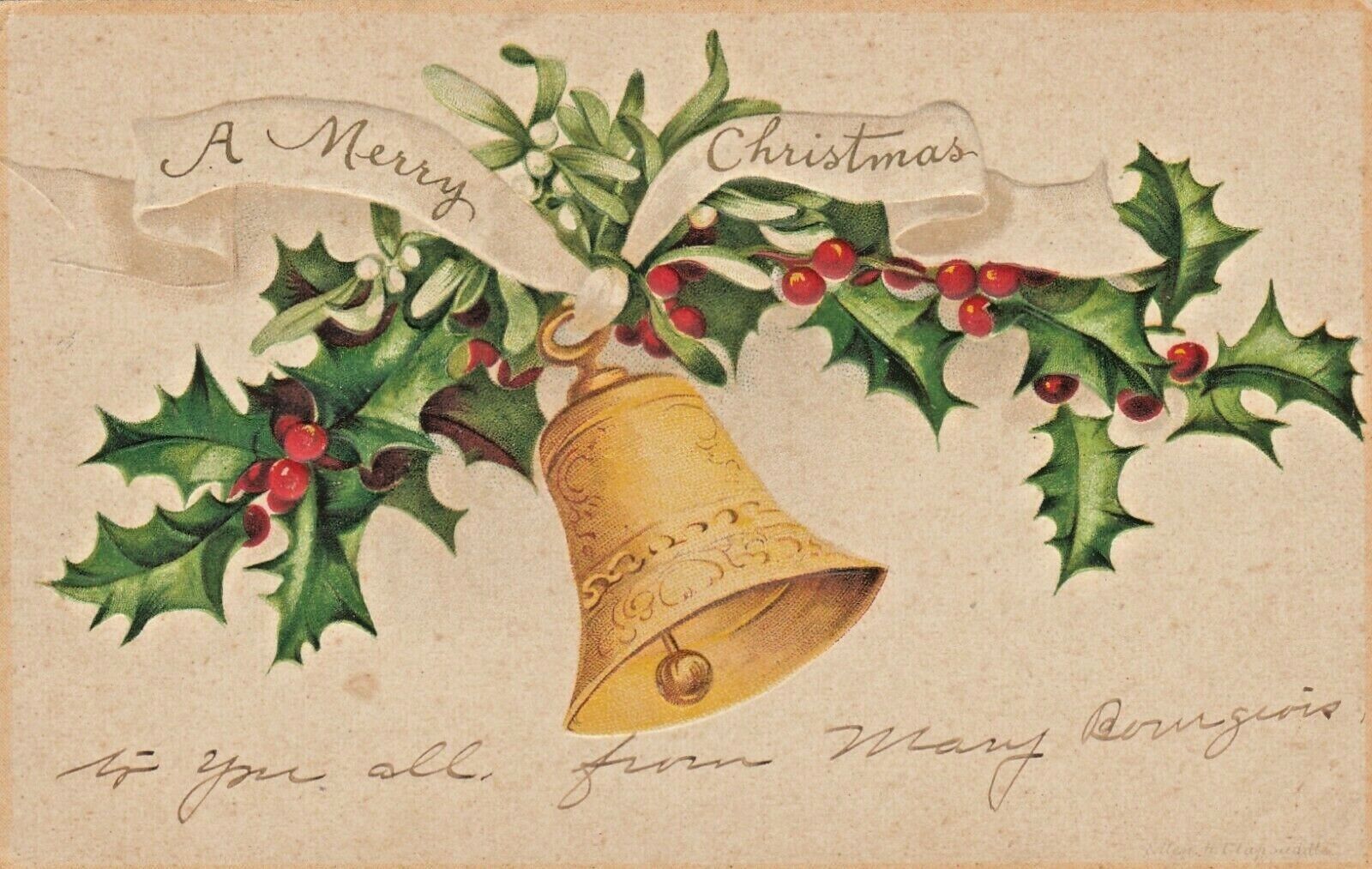 Vintage Christmas  Postcard   GOLD BELL ON HOLLY  EMBOSSED  POSTED   STAMP