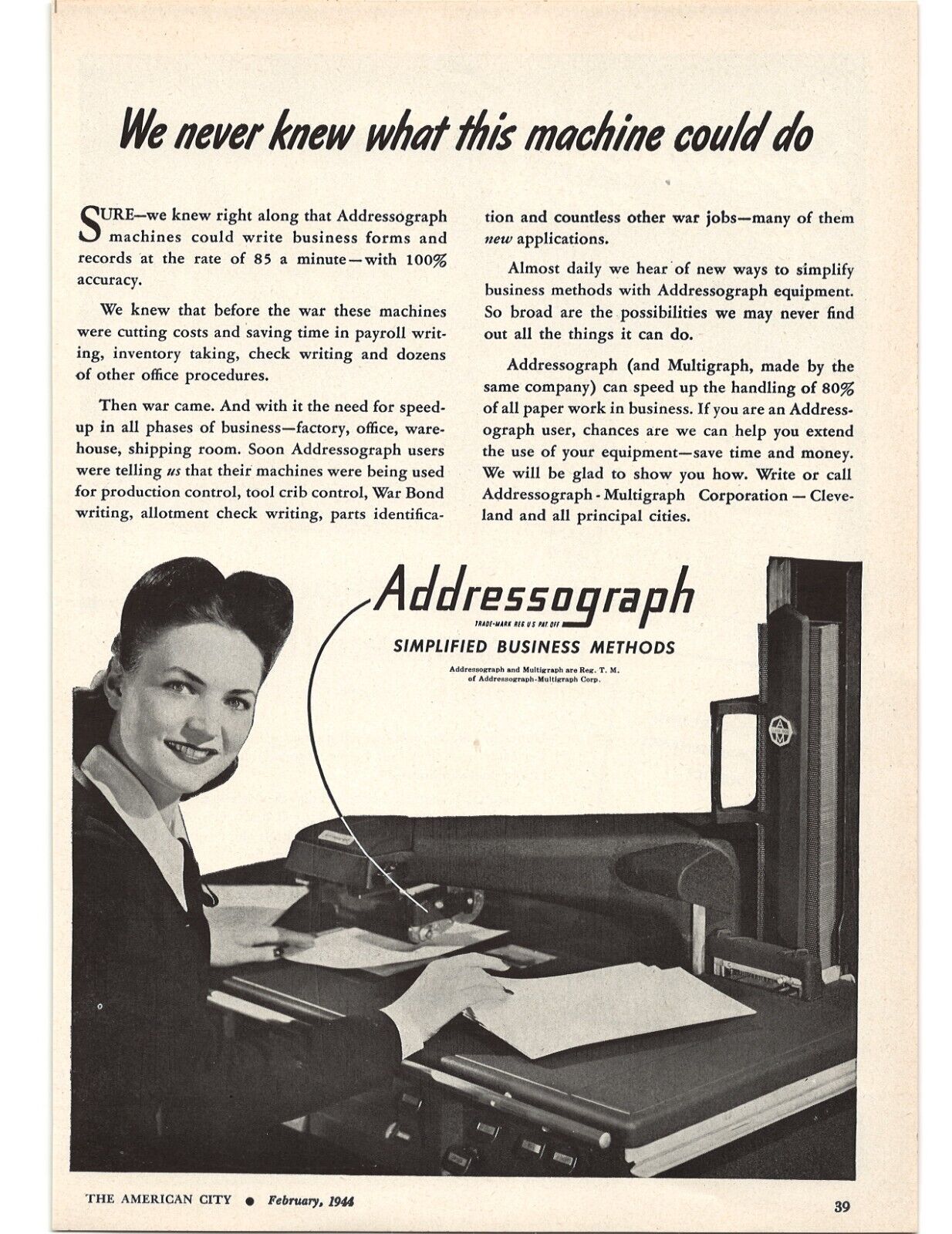 1944 ADDRESSOGRAPH SIMPLIFIED BUSINESS METHODS VINTAGE PHOTO ART AD