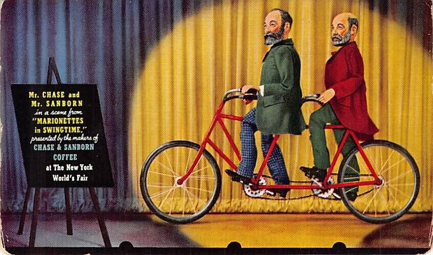 Postcard NY: Chase & Sanborn Marionettes on Bike, NY World\'s Fair, \'64, Coffee