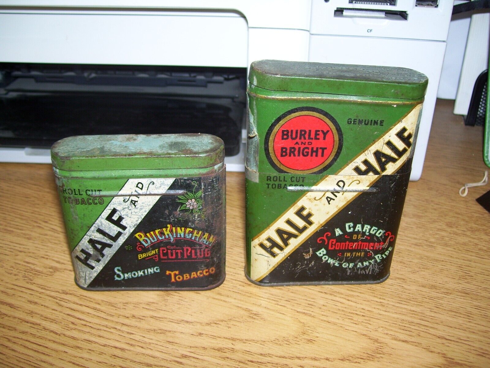 TWO OLD HALF AND HALF TOBACCO POCKET TINS-DIFFEREN SIZES