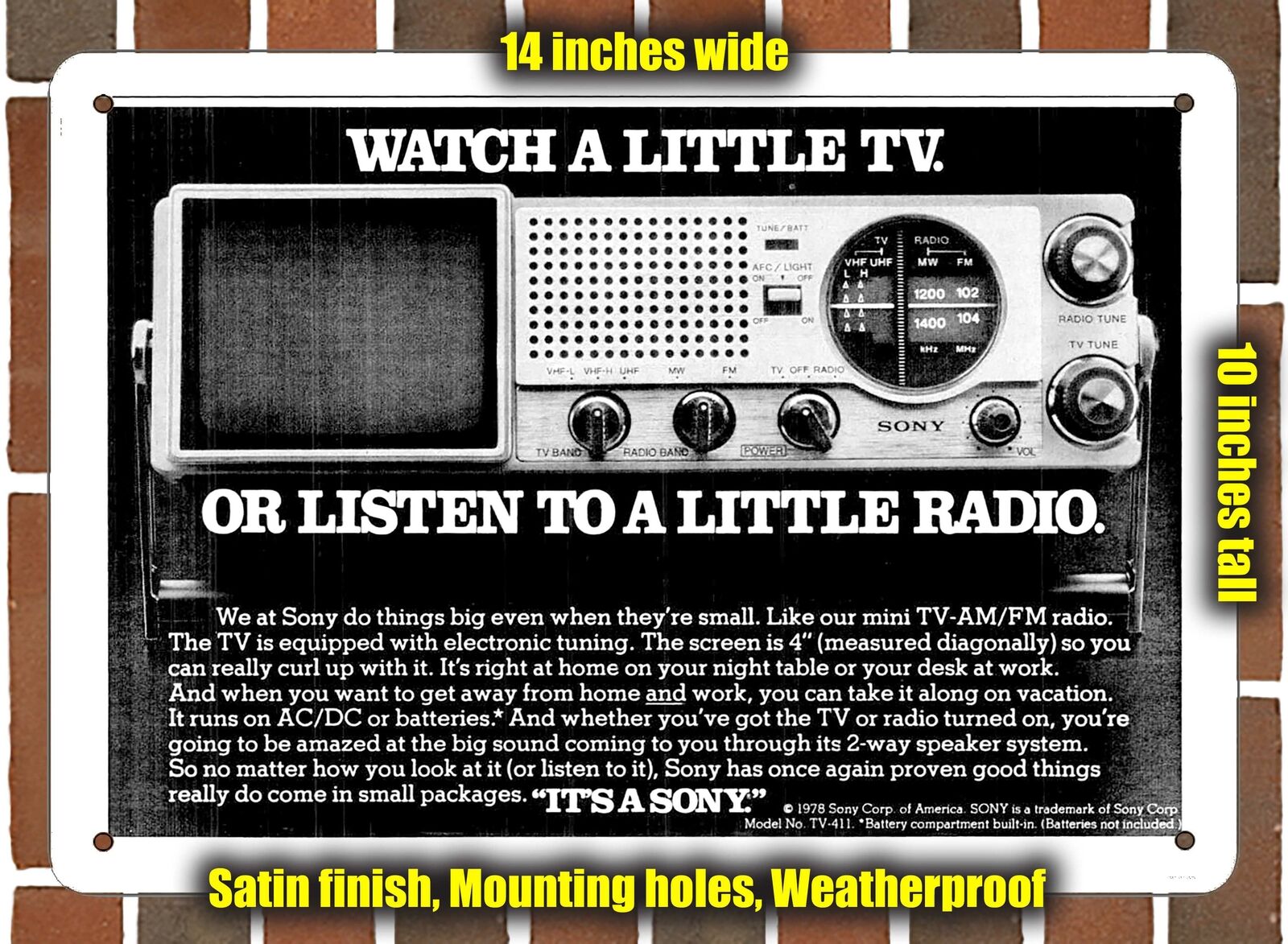 Metal Sign - 1978 Sony Miniature Television Radio- 10x14 inches