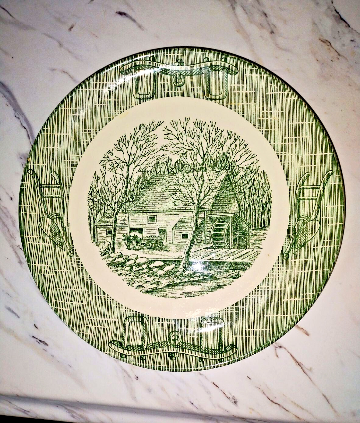 Vintage Royal China 9” green plate grist mill