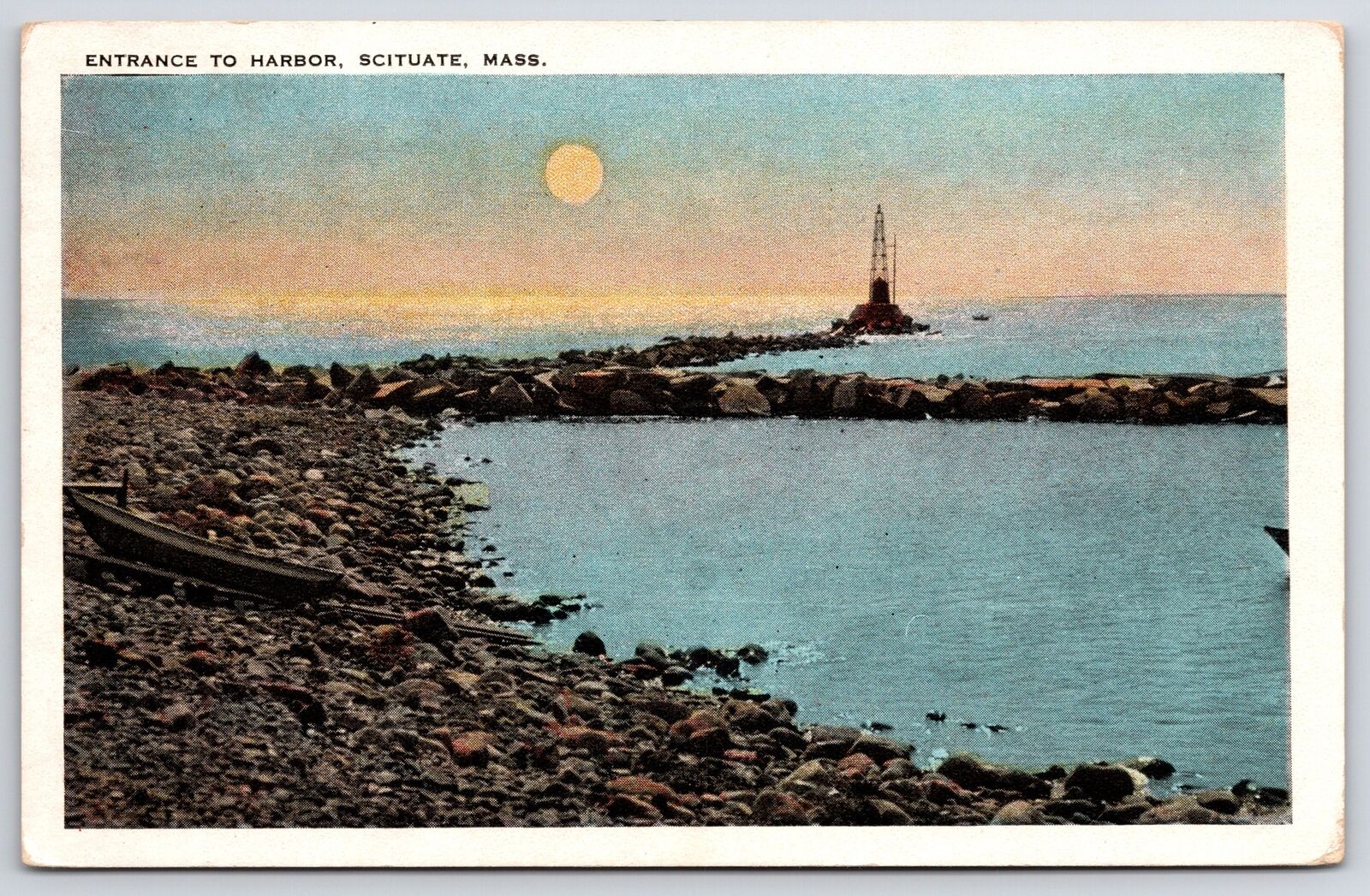 1930 Entrance To Harbor Scituate Massachusetts Moonlight & Beach Posted Postcard