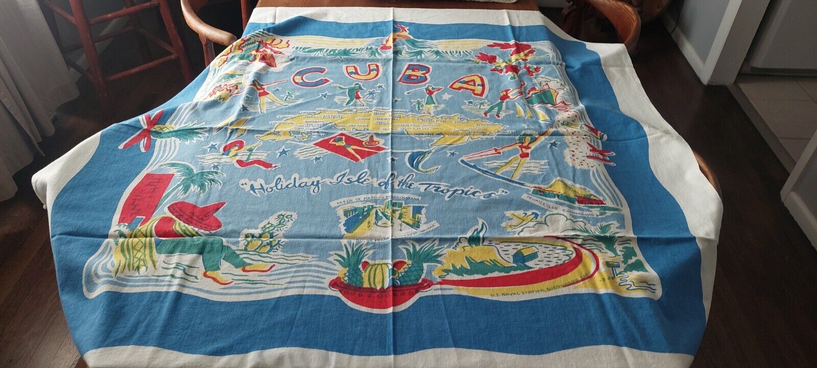 Vintage Cotton Colorful Map of Cuba Cotton Tablecloth Many Graphics 48x49