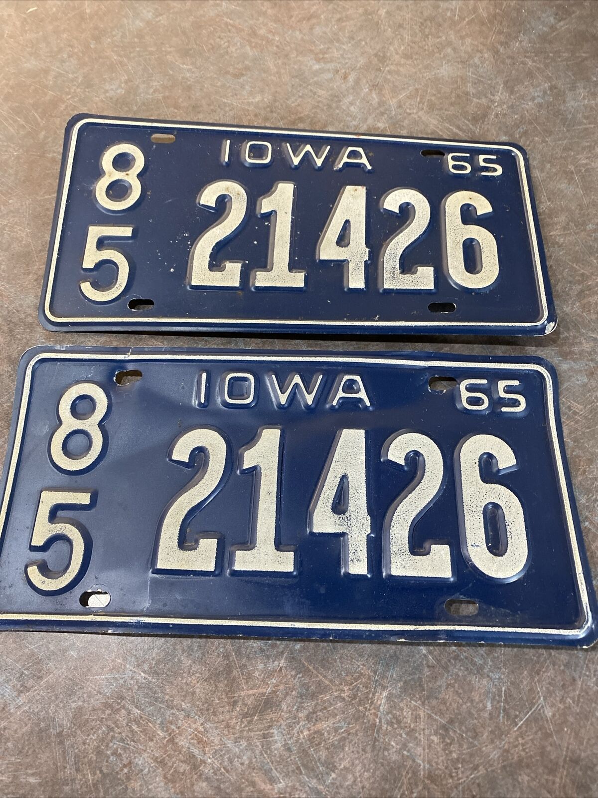 Vintage 1965 Iowa License Plate Pair Metal Original,  Blue & White 2 Plates