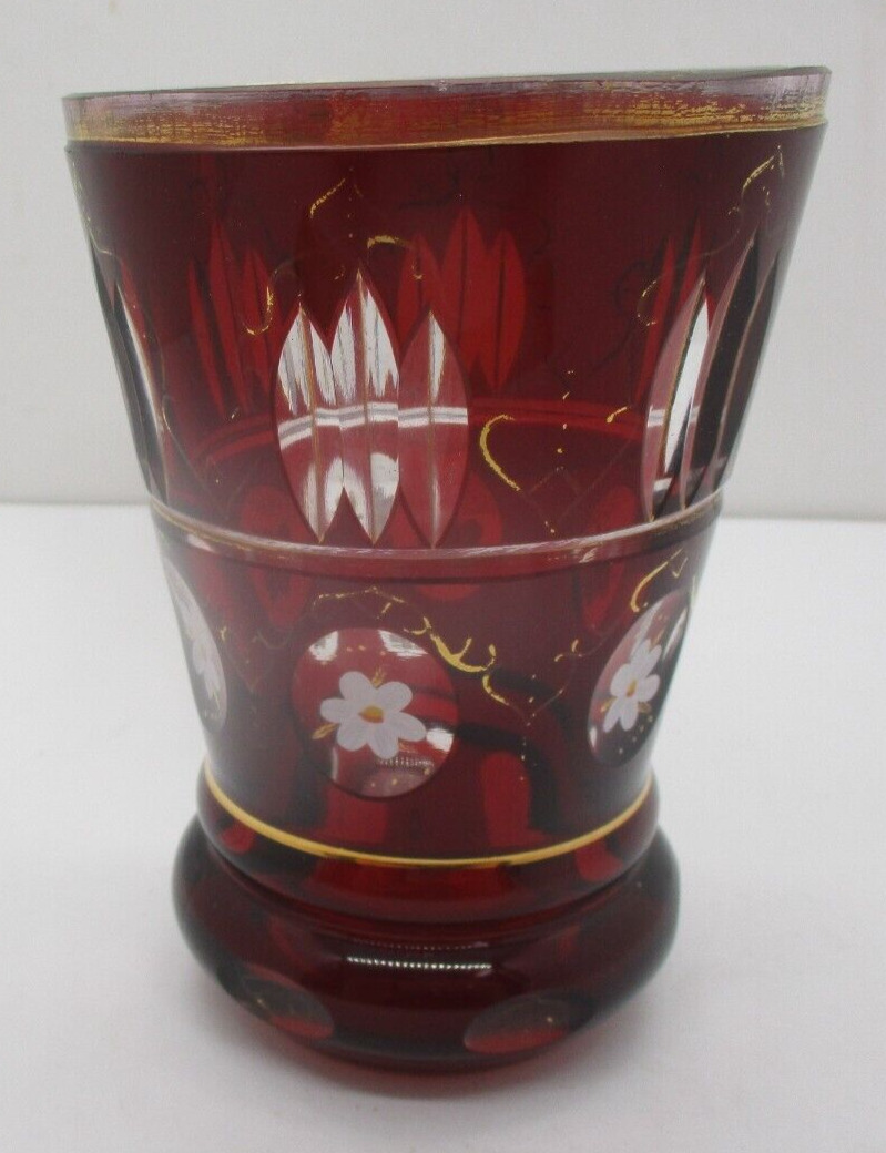 Vintage Ruby Cut to Clear Gold Trim Floral Bohemian Vase