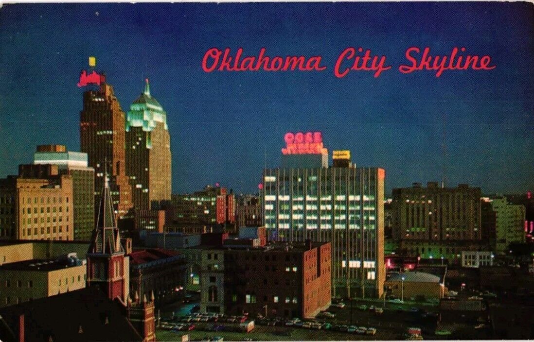 Oklahoma City Oklahoma Skyline OG&E Sign Aerial View Chrome Postcard