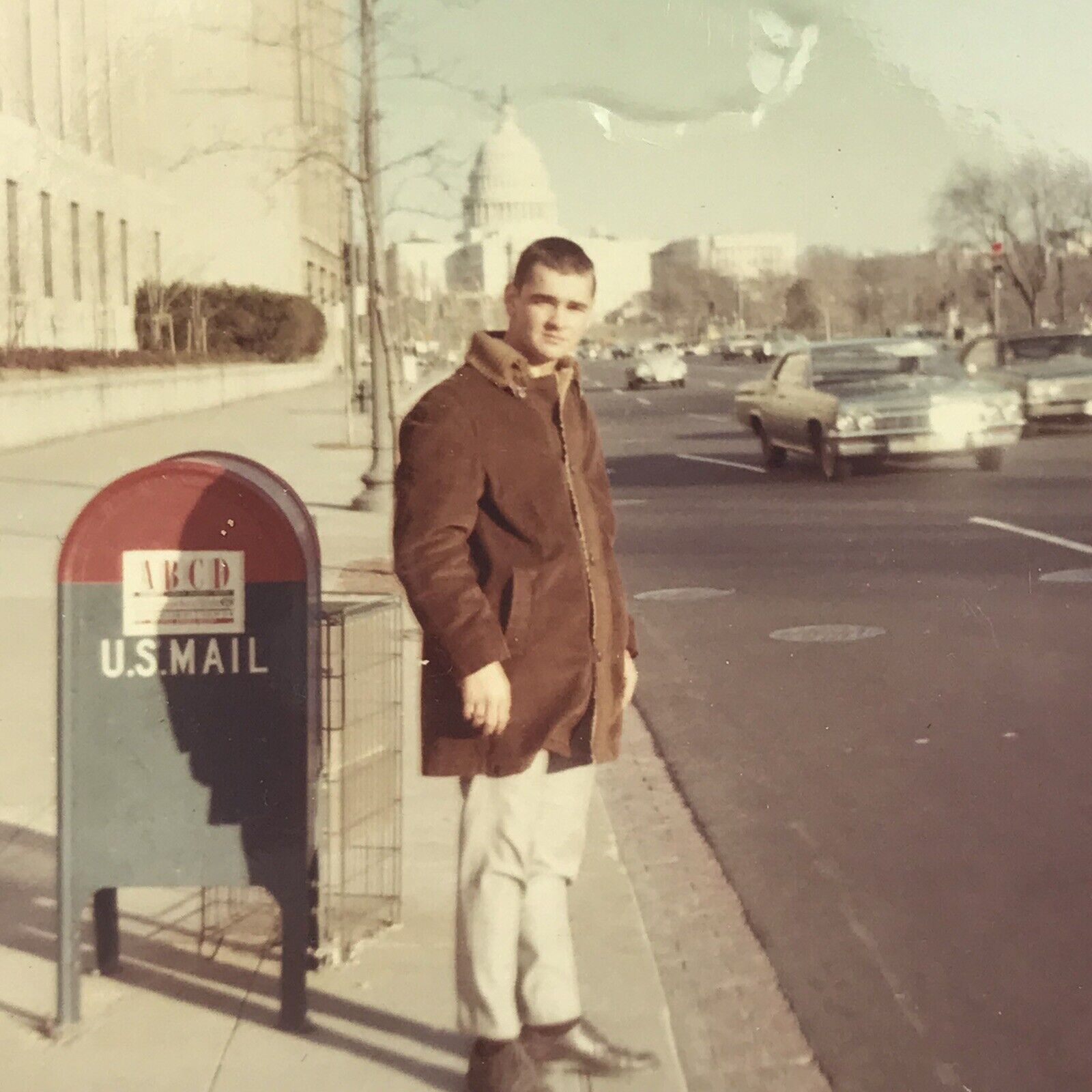 Vintage 1968 Color Photo Young Man Sidewalk US Mail Postbox Mailbox Street Cars